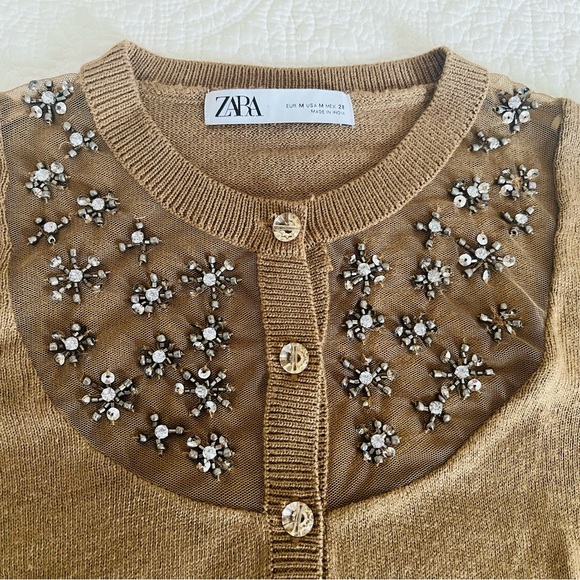 Zara Sweaters - Zara Jeweled Chest Brown Cardigan